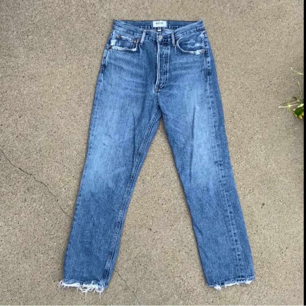 Agolde Los Angeles Riley Crop Straight Distressed Light Blue Denim Jeans
